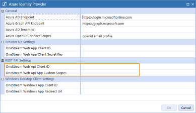 The Azure Identity Provider dialog box has a grid with row headings that have a blue background with blue text and can be expanded to display fields with a white background and black text. In this example, in the REST API Settings section, OneStream Web Api Client ID and OneStream Web Api App Custom Scopes are highlighted.